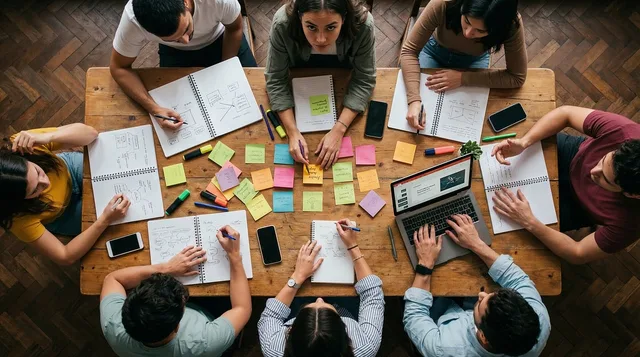 eam, workshop, office, collaboration, sticky notes, planning, strategy, brainstorming, table, overhead, people, working, laptop, notebooks, creativity, business, meeting, together, analysis, group, ai generated. When to act on B2B demand generation demand signals