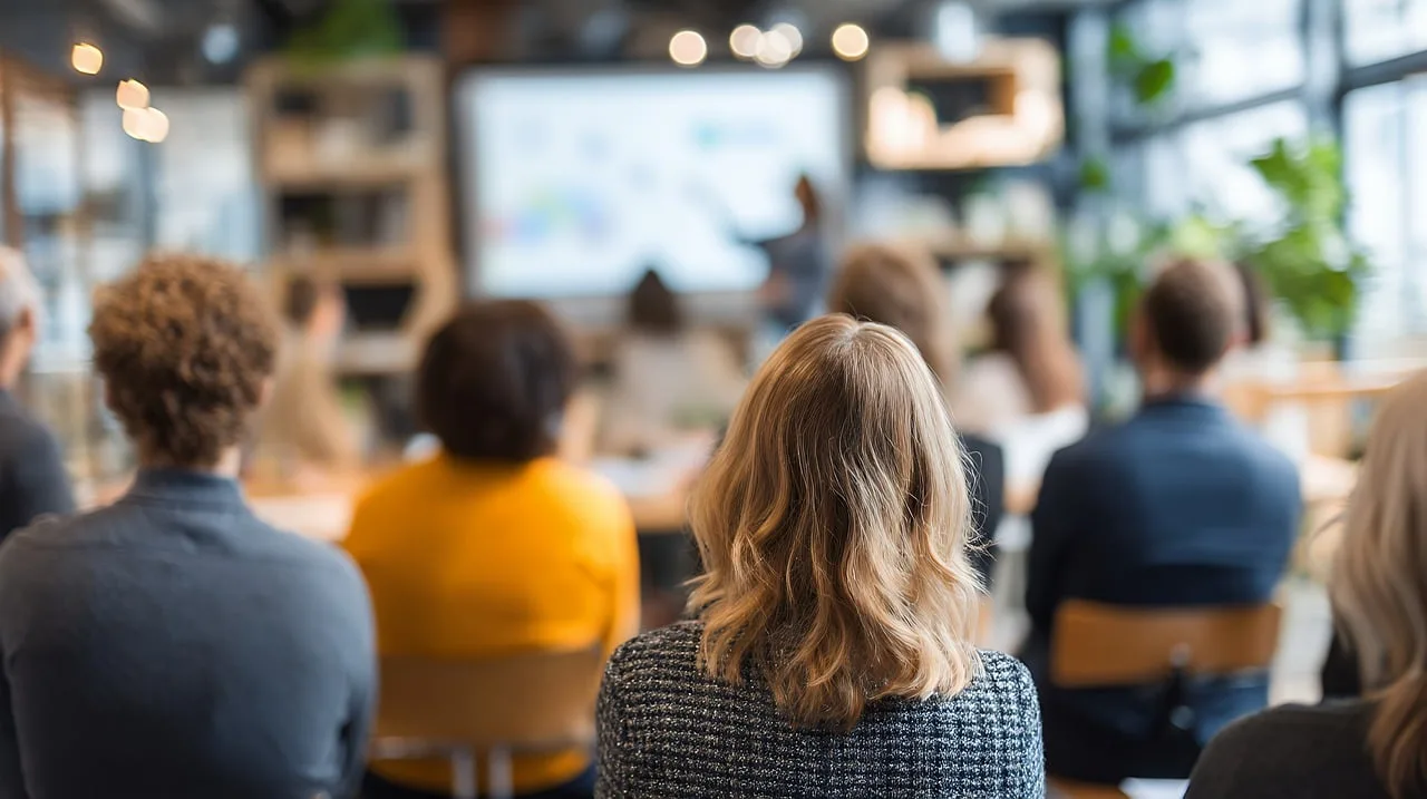 ai generated, office, meeting, presentation, teamwork, collaboration, conference, strategy, seminar, education, training, people, professional, audience, modern, interior, design, workspace, technology, screen, projector